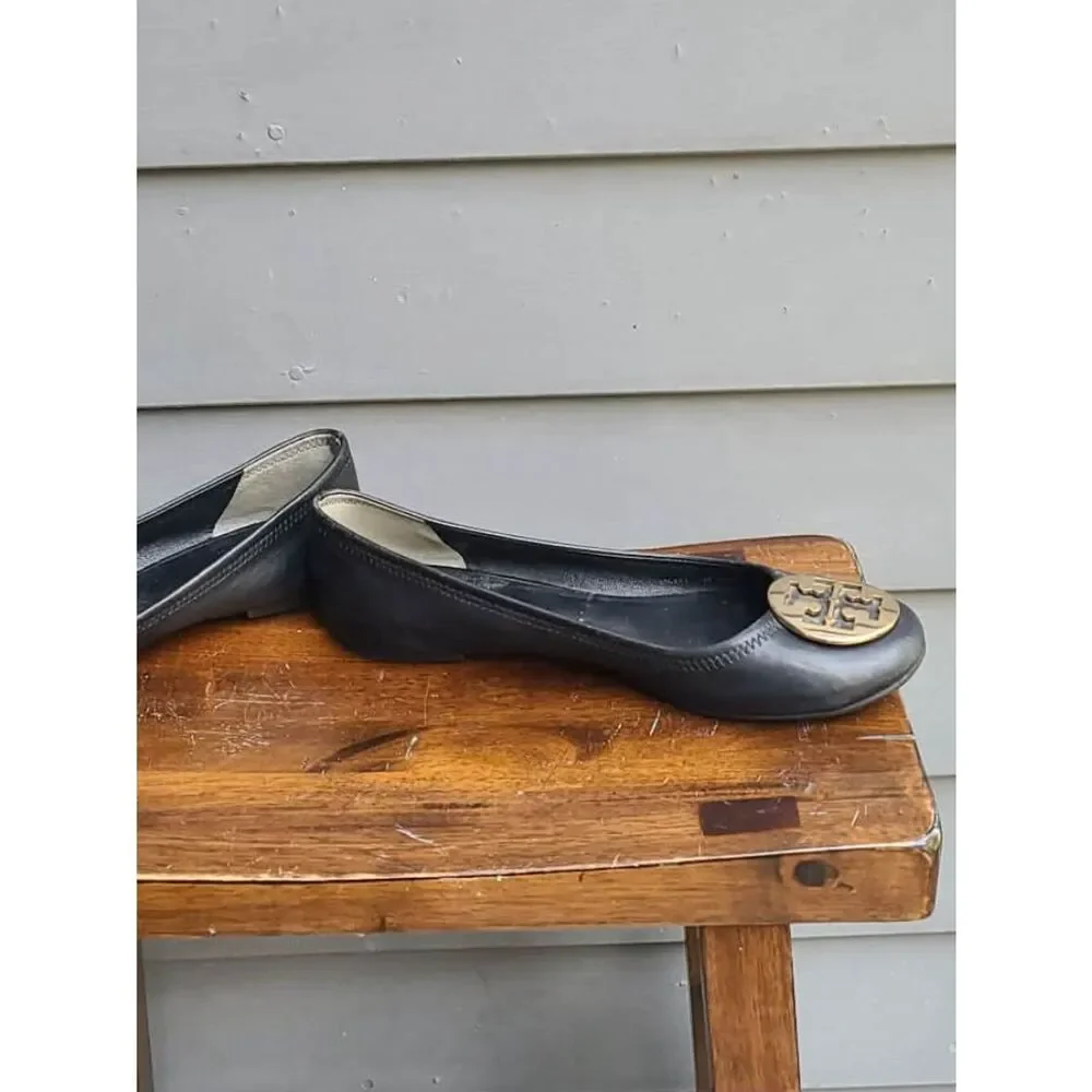 Tory Burch Black Reva Black Leather Ballet with Gold Logo size 9M